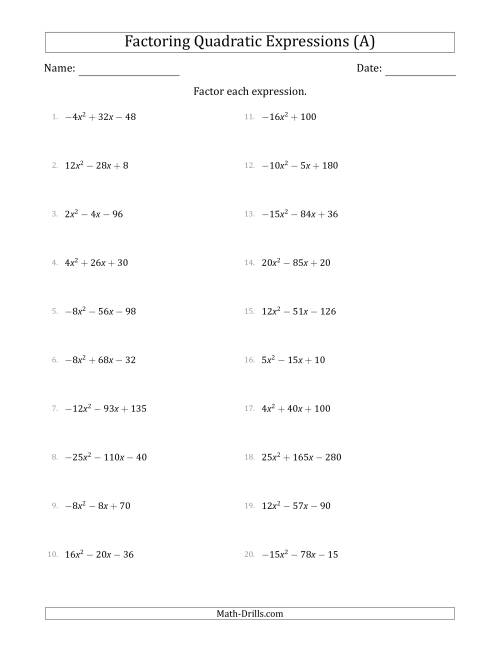The Factoring Quadratic Expressions with Positive or Negative 'a' Coefficients up to 5 with a Common Factor Step (A) Math Worksheet