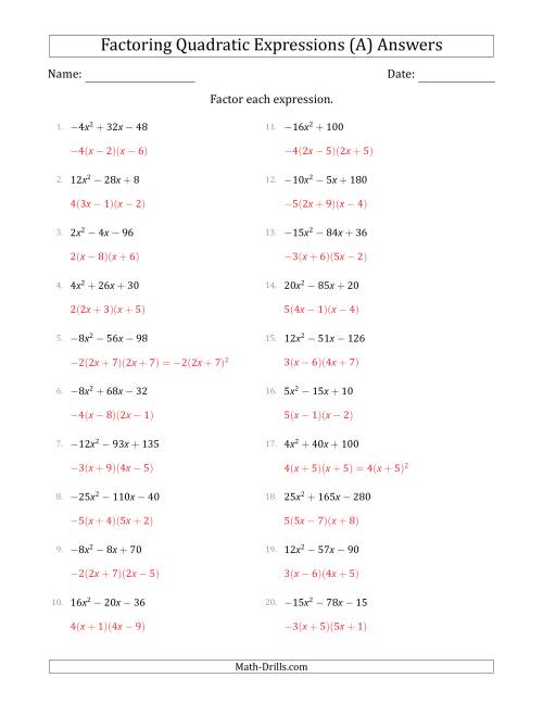 The Factoring Quadratic Expressions with Positive or Negative 'a' Coefficients up to 5 with a Common Factor Step (A) Math Worksheet Page 2
