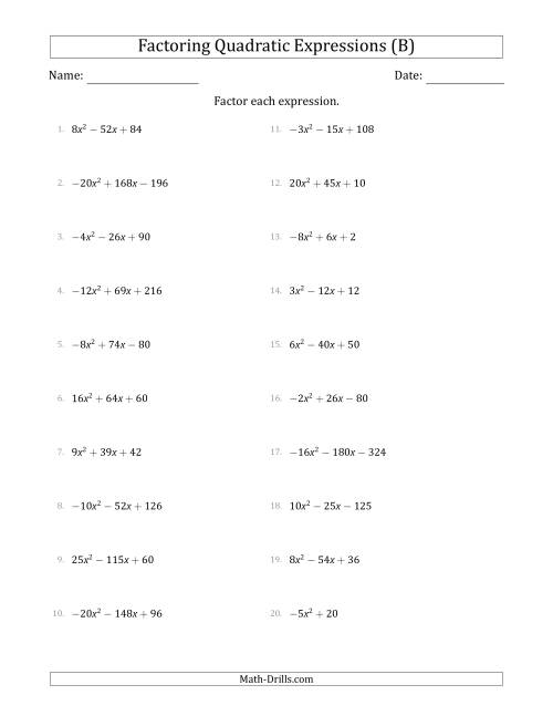 The Factoring Quadratic Expressions with Positive or Negative 'a' Coefficients up to 5 with a Common Factor Step (B) Math Worksheet