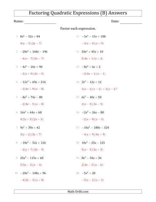 The Factoring Quadratic Expressions with Positive or Negative 'a' Coefficients up to 5 with a Common Factor Step (B) Math Worksheet Page 2