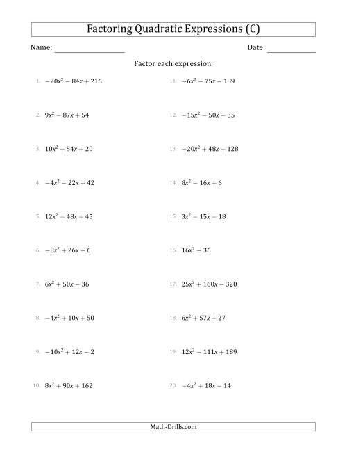 The Factoring Quadratic Expressions with Positive or Negative 'a' Coefficients up to 5 with a Common Factor Step (C) Math Worksheet