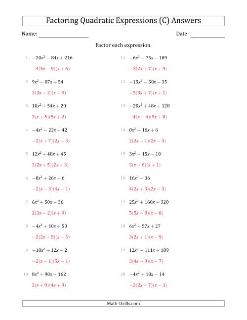The Factoring Quadratic Expressions with Positive or Negative 'a' Coefficients up to 5 with a Common Factor Step (C) Math Worksheet Page 2