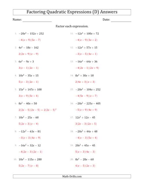 The Factoring Quadratic Expressions with Positive or Negative 'a' Coefficients up to 5 with a Common Factor Step (D) Math Worksheet Page 2