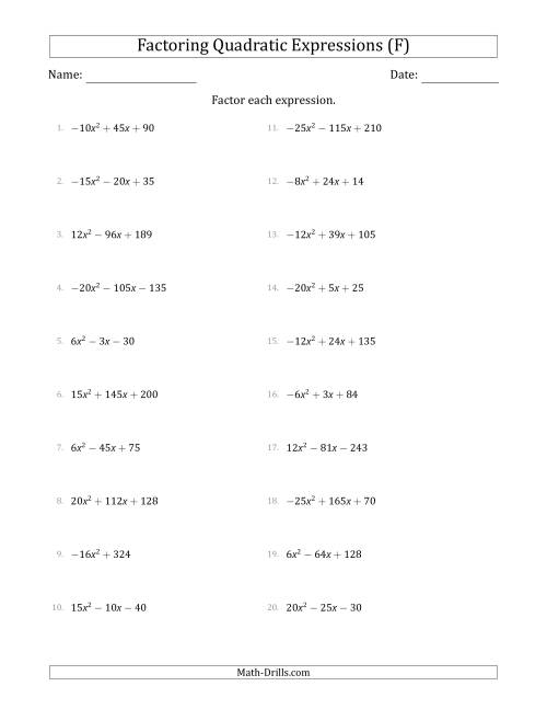 The Factoring Quadratic Expressions with Positive or Negative 'a' Coefficients up to 5 with a Common Factor Step (F) Math Worksheet