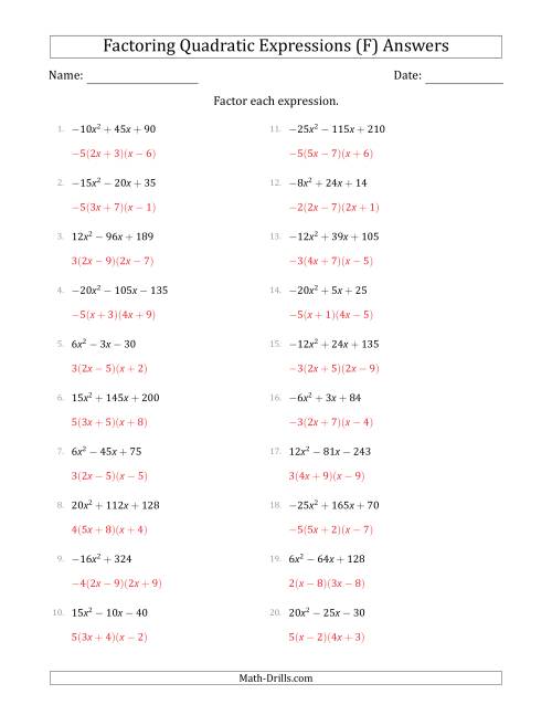 The Factoring Quadratic Expressions with Positive or Negative 'a' Coefficients up to 5 with a Common Factor Step (F) Math Worksheet Page 2