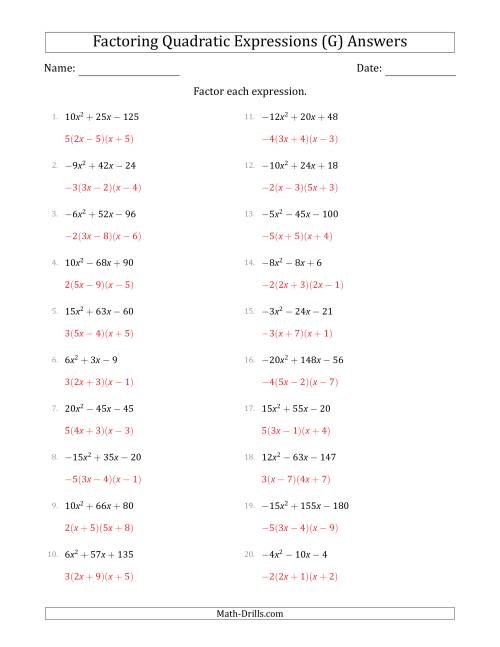 The Factoring Quadratic Expressions with Positive or Negative 'a' Coefficients up to 5 with a Common Factor Step (G) Math Worksheet Page 2