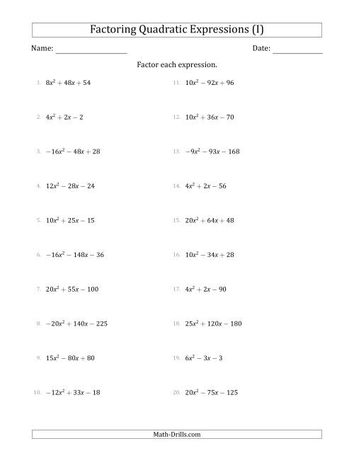 The Factoring Quadratic Expressions with Positive or Negative 'a' Coefficients up to 5 with a Common Factor Step (I) Math Worksheet