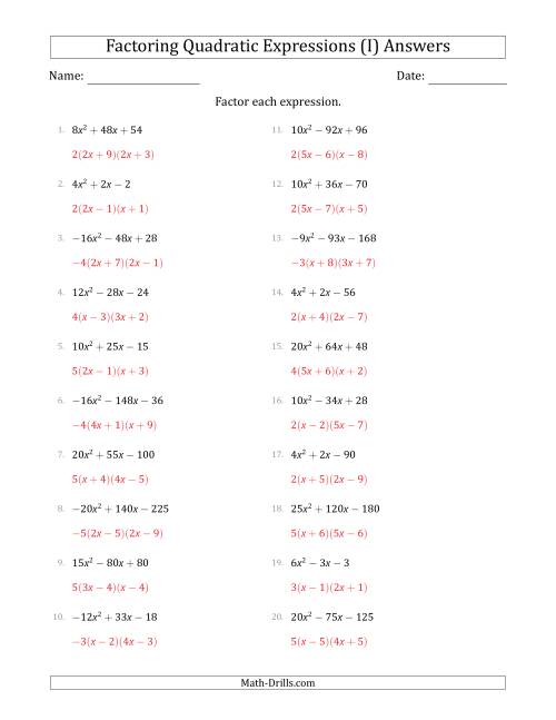 The Factoring Quadratic Expressions with Positive or Negative 'a' Coefficients up to 5 with a Common Factor Step (I) Math Worksheet Page 2