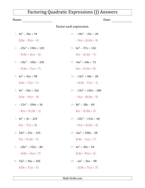 The Factoring Quadratic Expressions with Positive or Negative 'a' Coefficients up to 5 with a Common Factor Step (J) Math Worksheet Page 2