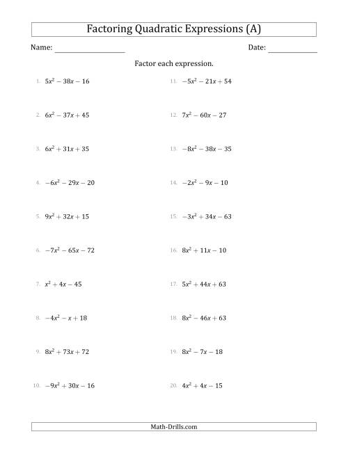 The Factoring Quadratic Expressions with Positive or Negative 'a' Coefficients up to 9 (A) Math Worksheet
