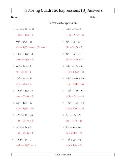 The Factoring Quadratic Expressions with Positive or Negative 'a' Coefficients up to 9 (B) Math Worksheet Page 2