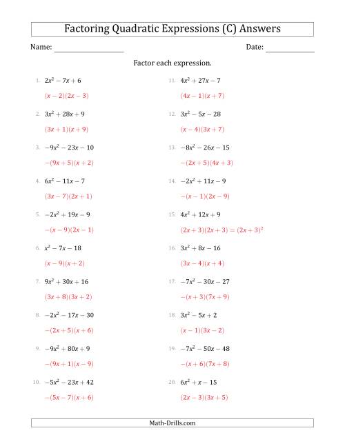 The Factoring Quadratic Expressions with Positive or Negative 'a' Coefficients up to 9 (C) Math Worksheet Page 2