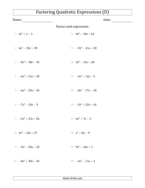 The Factoring Quadratic Expressions with Positive or Negative 'a' Coefficients up to 9 (D) Math Worksheet