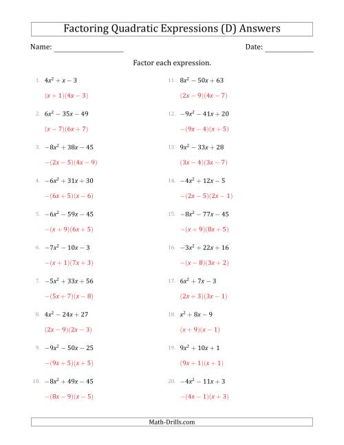 The Factoring Quadratic Expressions with Positive or Negative 'a' Coefficients up to 9 (D) Math Worksheet Page 2