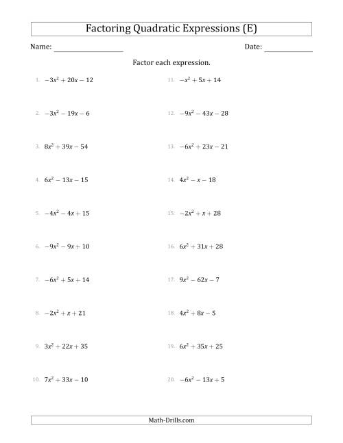 The Factoring Quadratic Expressions with Positive or Negative 'a' Coefficients up to 9 (E) Math Worksheet