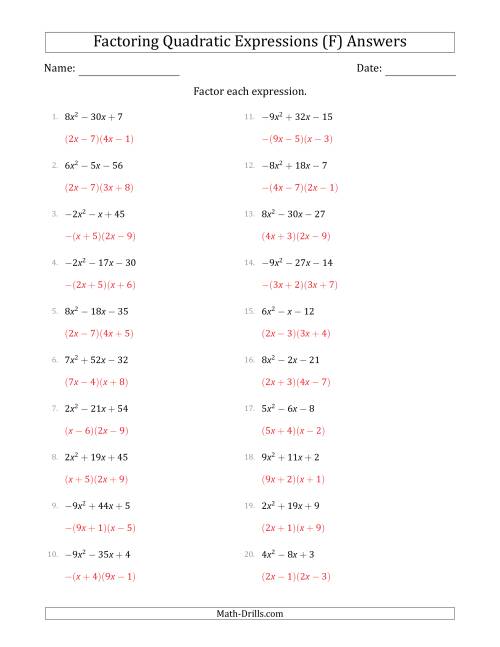 The Factoring Quadratic Expressions with Positive or Negative 'a' Coefficients up to 9 (F) Math Worksheet Page 2