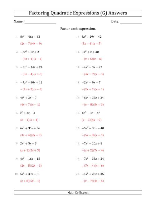 The Factoring Quadratic Expressions with Positive or Negative 'a' Coefficients up to 9 (G) Math Worksheet Page 2