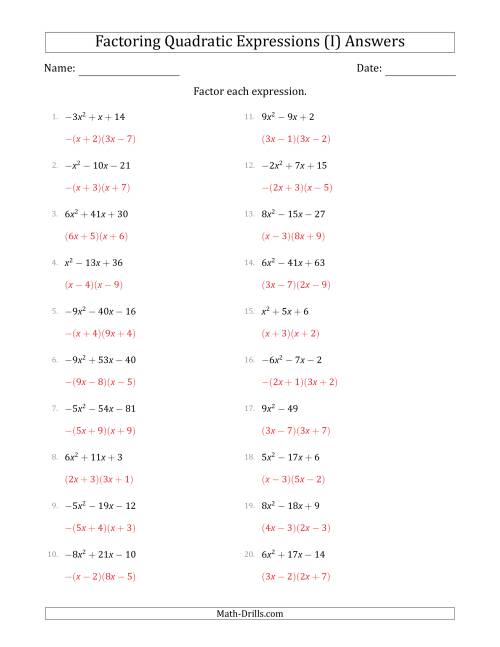 The Factoring Quadratic Expressions with Positive or Negative 'a' Coefficients up to 9 (I) Math Worksheet Page 2