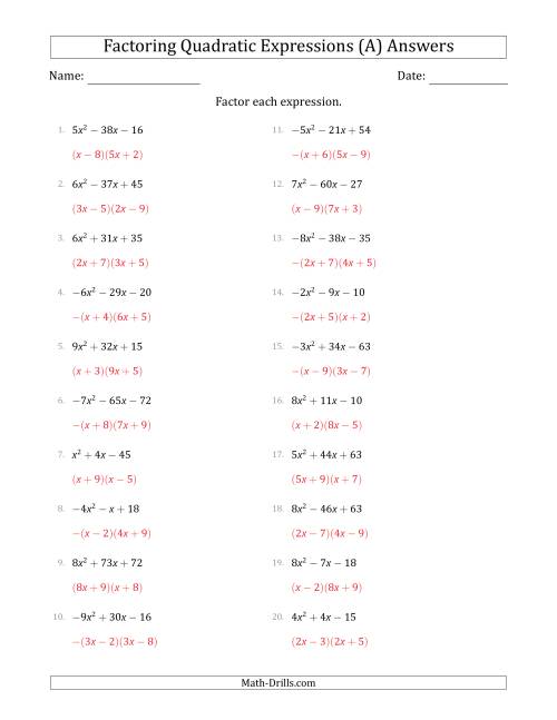 The Factoring Quadratic Expressions with Positive or Negative 'a' Coefficients up to 9 (All) Math Worksheet Page 2