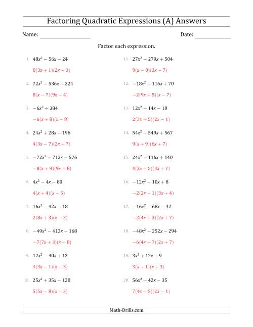 The Factoring Quadratic Expressions with Positive or Negative 'a' Coefficients up to 9 with a Common Factor Step (A) Math Worksheet Page 2