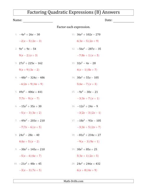 The Factoring Quadratic Expressions with Positive or Negative 'a' Coefficients up to 9 with a Common Factor Step (B) Math Worksheet Page 2