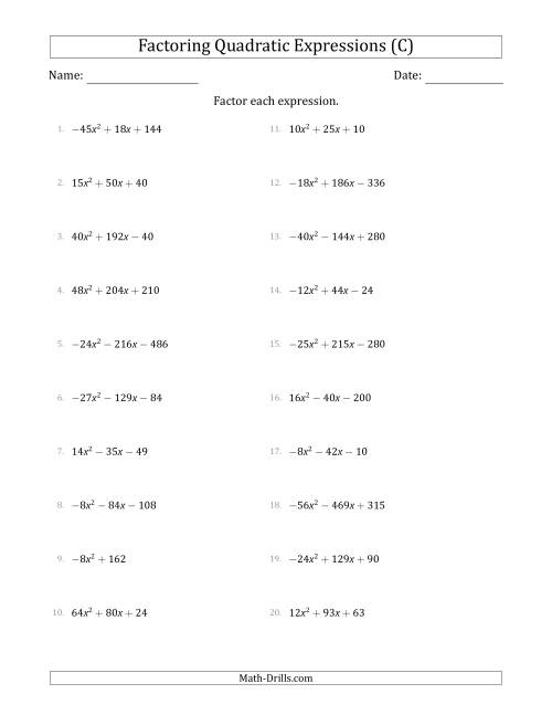 The Factoring Quadratic Expressions with Positive or Negative 'a' Coefficients up to 9 with a Common Factor Step (C) Math Worksheet