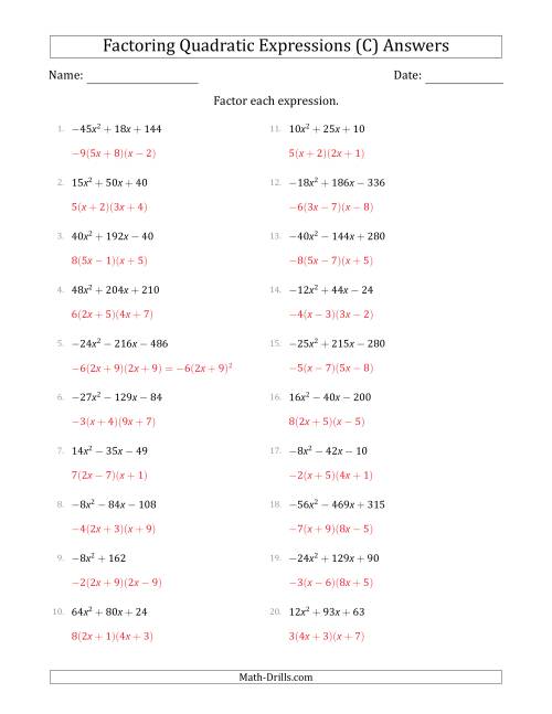 The Factoring Quadratic Expressions with Positive or Negative 'a' Coefficients up to 9 with a Common Factor Step (C) Math Worksheet Page 2