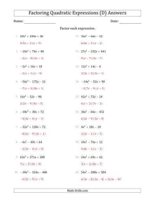 The Factoring Quadratic Expressions with Positive or Negative 'a' Coefficients up to 9 with a Common Factor Step (D) Math Worksheet Page 2