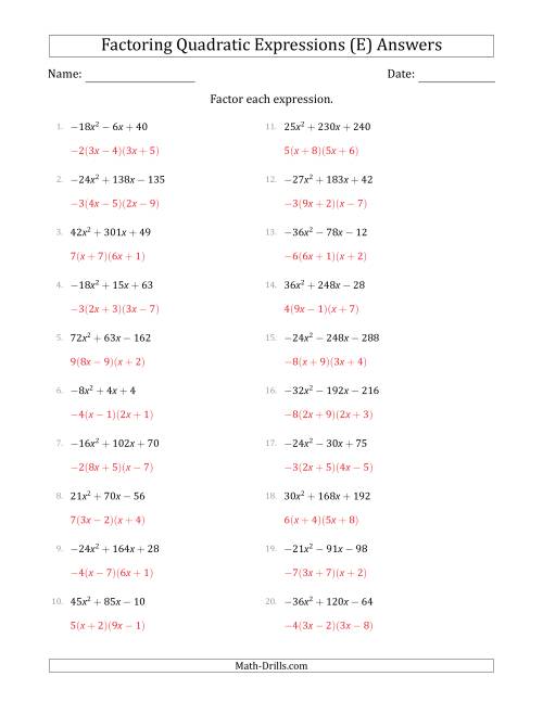 The Factoring Quadratic Expressions with Positive or Negative 'a' Coefficients up to 9 with a Common Factor Step (E) Math Worksheet Page 2