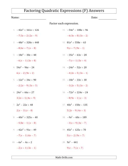 The Factoring Quadratic Expressions with Positive or Negative 'a' Coefficients up to 9 with a Common Factor Step (F) Math Worksheet Page 2