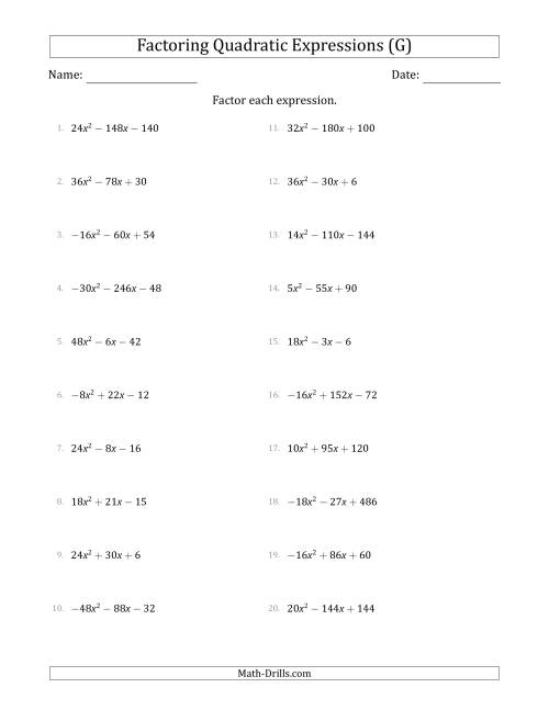 The Factoring Quadratic Expressions with Positive or Negative 'a' Coefficients up to 9 with a Common Factor Step (G) Math Worksheet