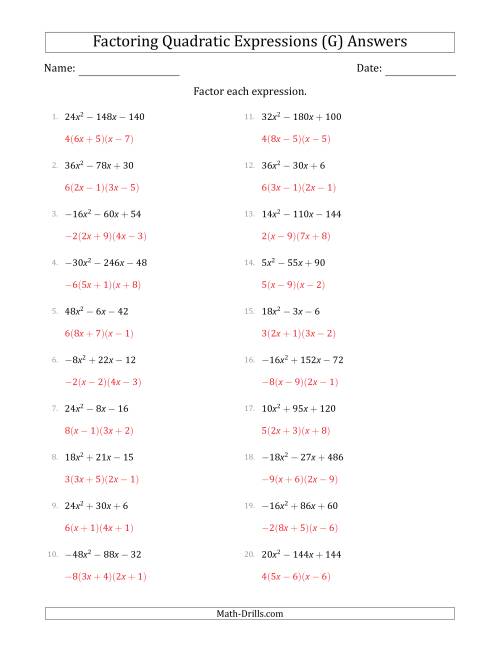 The Factoring Quadratic Expressions with Positive or Negative 'a' Coefficients up to 9 with a Common Factor Step (G) Math Worksheet Page 2