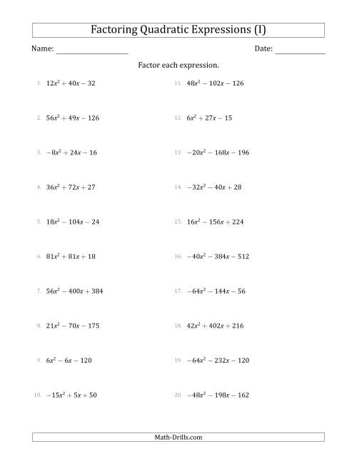 The Factoring Quadratic Expressions with Positive or Negative 'a' Coefficients up to 9 with a Common Factor Step (I) Math Worksheet