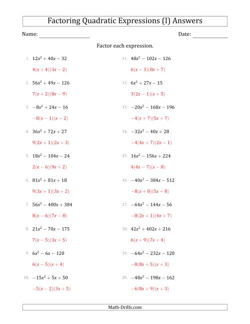 The Factoring Quadratic Expressions with Positive or Negative 'a' Coefficients up to 9 with a Common Factor Step (I) Math Worksheet Page 2