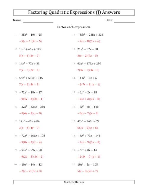 The Factoring Quadratic Expressions with Positive or Negative 'a' Coefficients up to 9 with a Common Factor Step (J) Math Worksheet Page 2