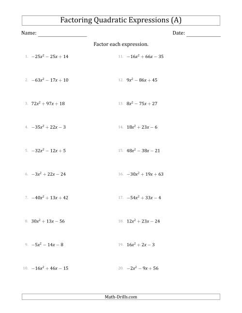 The Factoring Quadratic Expressions with Positive or Negative 'a' Coefficients up to 81 (A) Math Worksheet