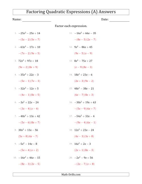 The Factoring Quadratic Expressions with Positive or Negative 'a' Coefficients up to 81 (A) Math Worksheet Page 2