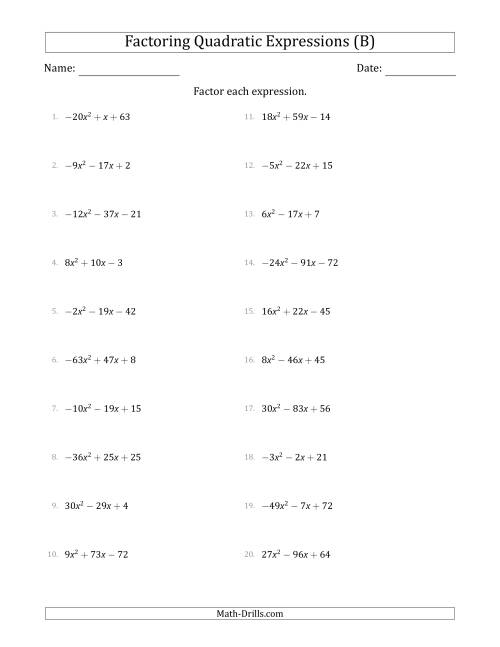 The Factoring Quadratic Expressions with Positive or Negative 'a' Coefficients up to 81 (B) Math Worksheet