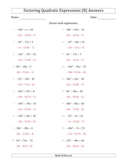 The Factoring Quadratic Expressions with Positive or Negative 'a' Coefficients up to 81 (B) Math Worksheet Page 2