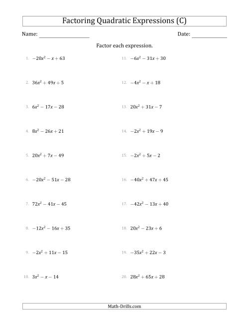 The Factoring Quadratic Expressions with Positive or Negative 'a' Coefficients up to 81 (C) Math Worksheet