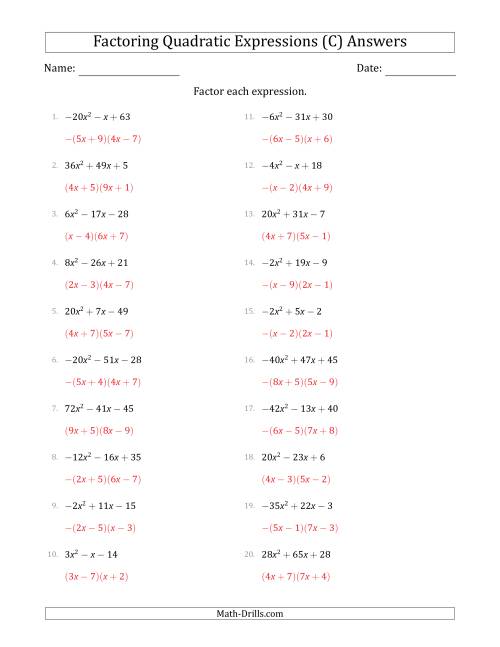 The Factoring Quadratic Expressions with Positive or Negative 'a' Coefficients up to 81 (C) Math Worksheet Page 2