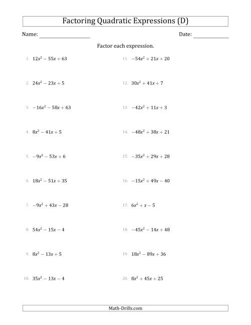The Factoring Quadratic Expressions with Positive or Negative 'a' Coefficients up to 81 (D) Math Worksheet
