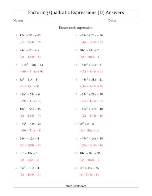 The Factoring Quadratic Expressions with Positive or Negative 'a' Coefficients up to 81 (D) Math Worksheet Page 2