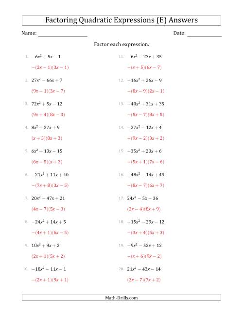 The Factoring Quadratic Expressions with Positive or Negative 'a' Coefficients up to 81 (E) Math Worksheet Page 2