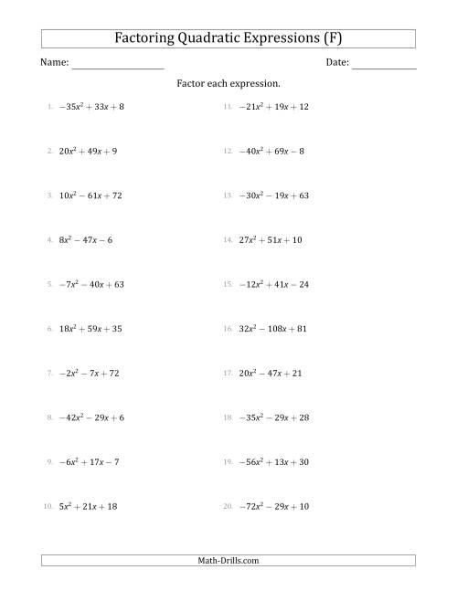 The Factoring Quadratic Expressions with Positive or Negative 'a' Coefficients up to 81 (F) Math Worksheet