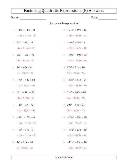 The Factoring Quadratic Expressions with Positive or Negative 'a' Coefficients up to 81 (F) Math Worksheet Page 2