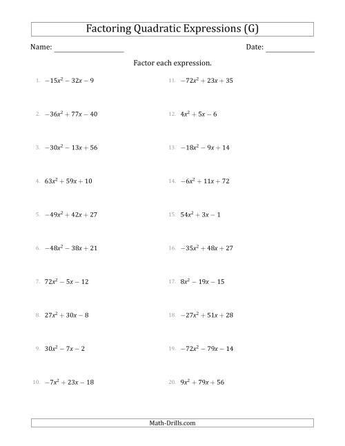 The Factoring Quadratic Expressions with Positive or Negative 'a' Coefficients up to 81 (G) Math Worksheet