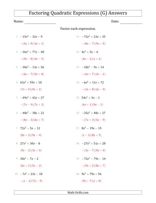 The Factoring Quadratic Expressions with Positive or Negative 'a' Coefficients up to 81 (G) Math Worksheet Page 2