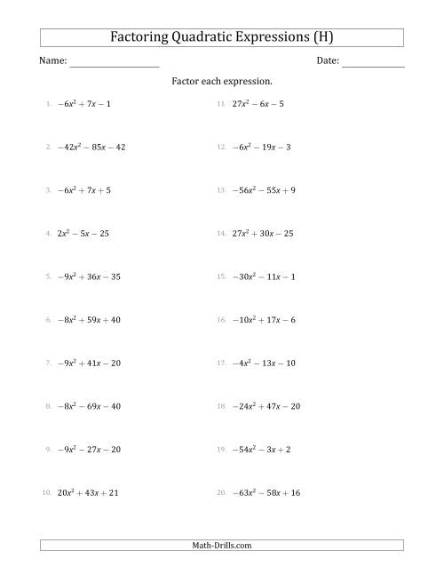 The Factoring Quadratic Expressions with Positive or Negative 'a' Coefficients up to 81 (H) Math Worksheet
