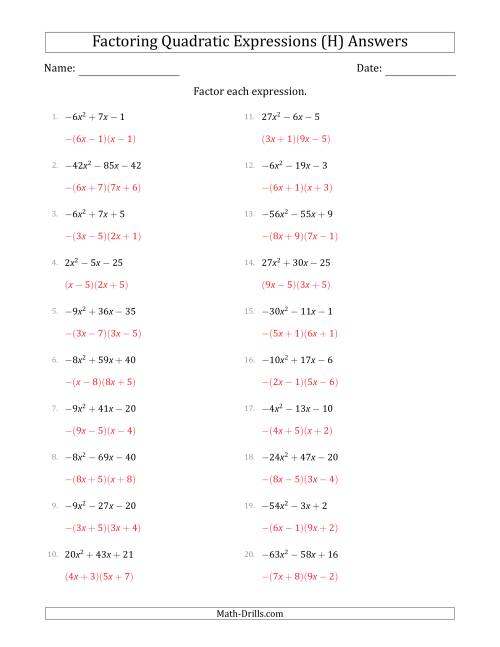 The Factoring Quadratic Expressions with Positive or Negative 'a' Coefficients up to 81 (H) Math Worksheet Page 2
